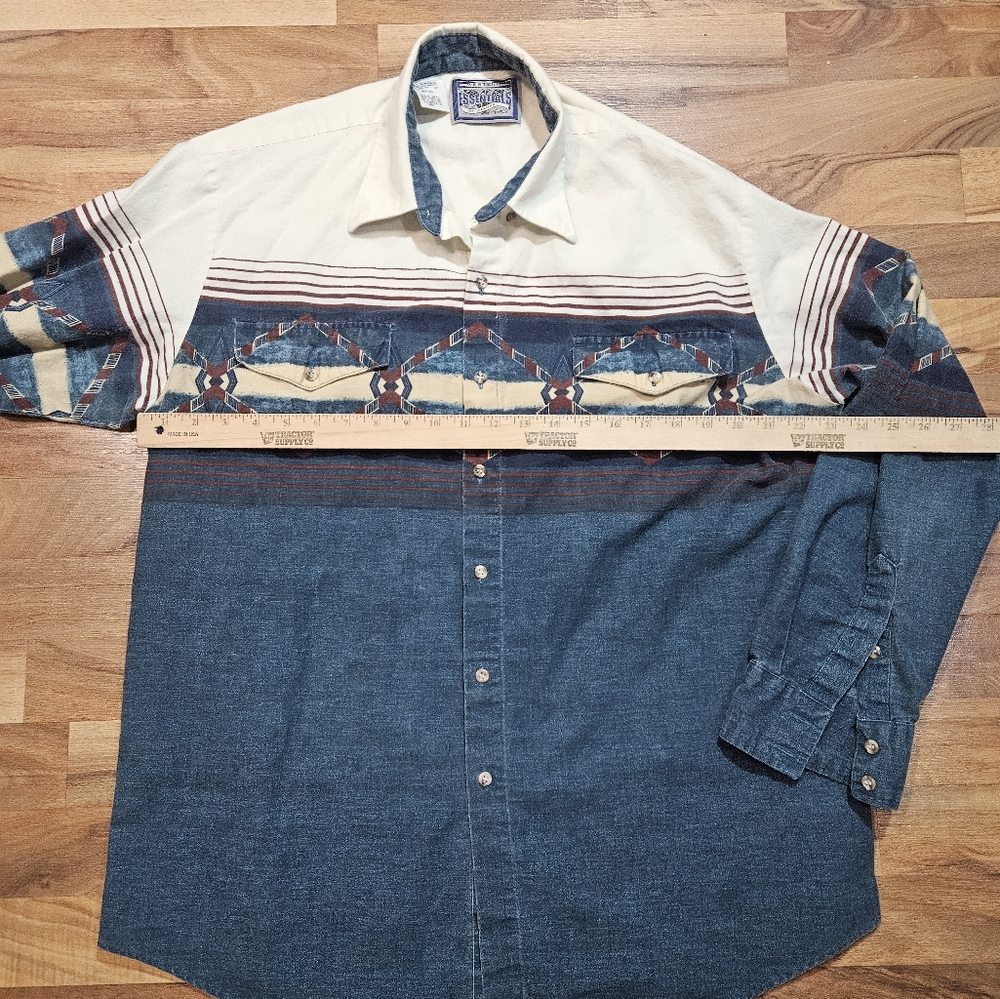 Western Essentials by Karman Shirt XL Vintage Aztec Chambray Denim Button-Up - Picture 5 of 9